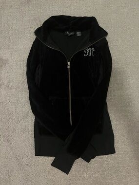 Miss Me Black Velour Zip Jacket with Rhinestone Detail